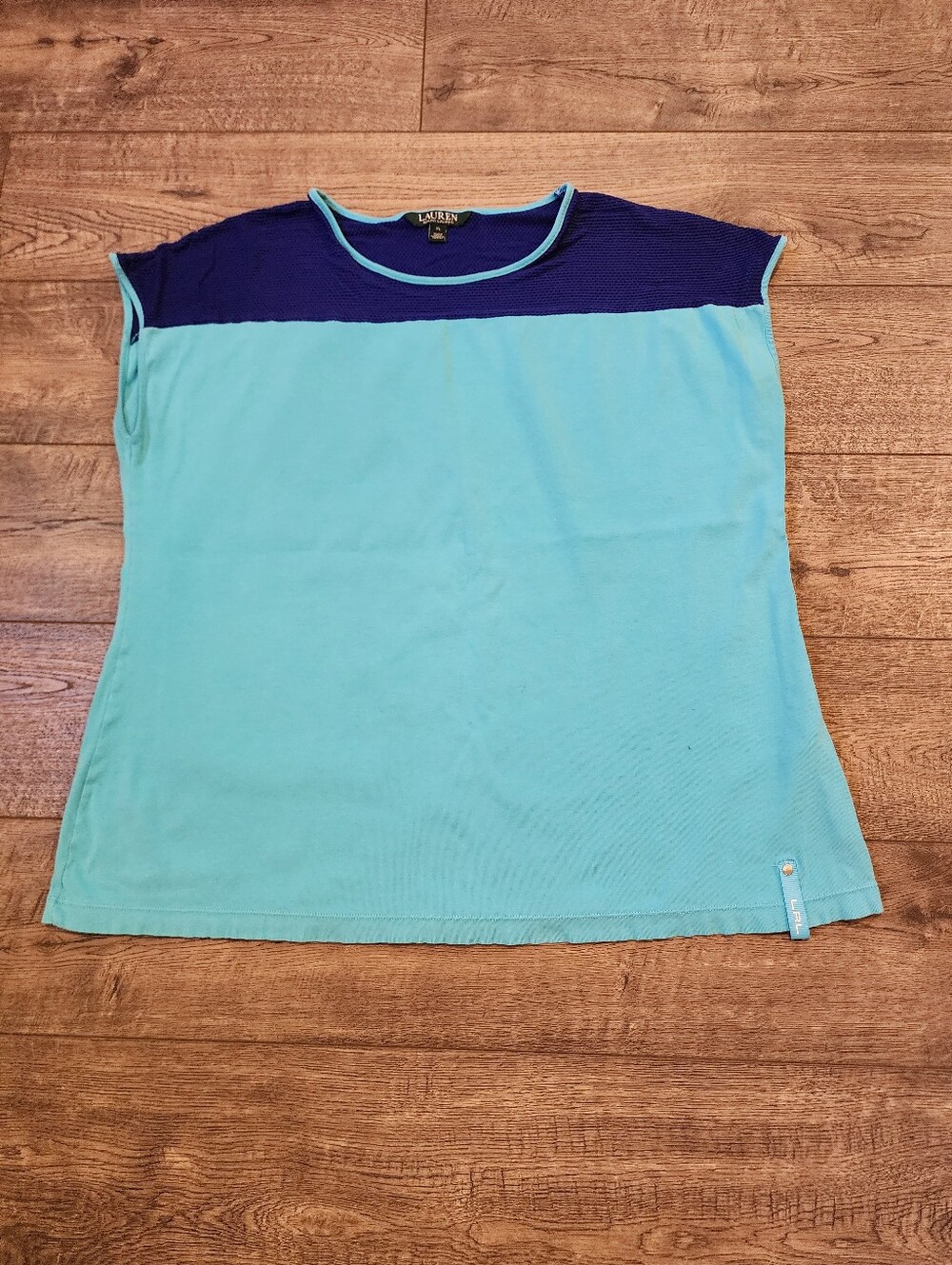 Lauren Ralph Lauren Women Top Size XL Active Mesh Shoulder Blue Colorblock Shirt
